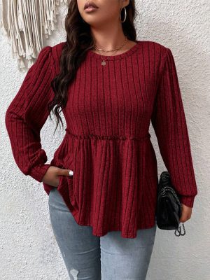 Plus Size Elegant Slimming Wine Red Top – Fall/Winter