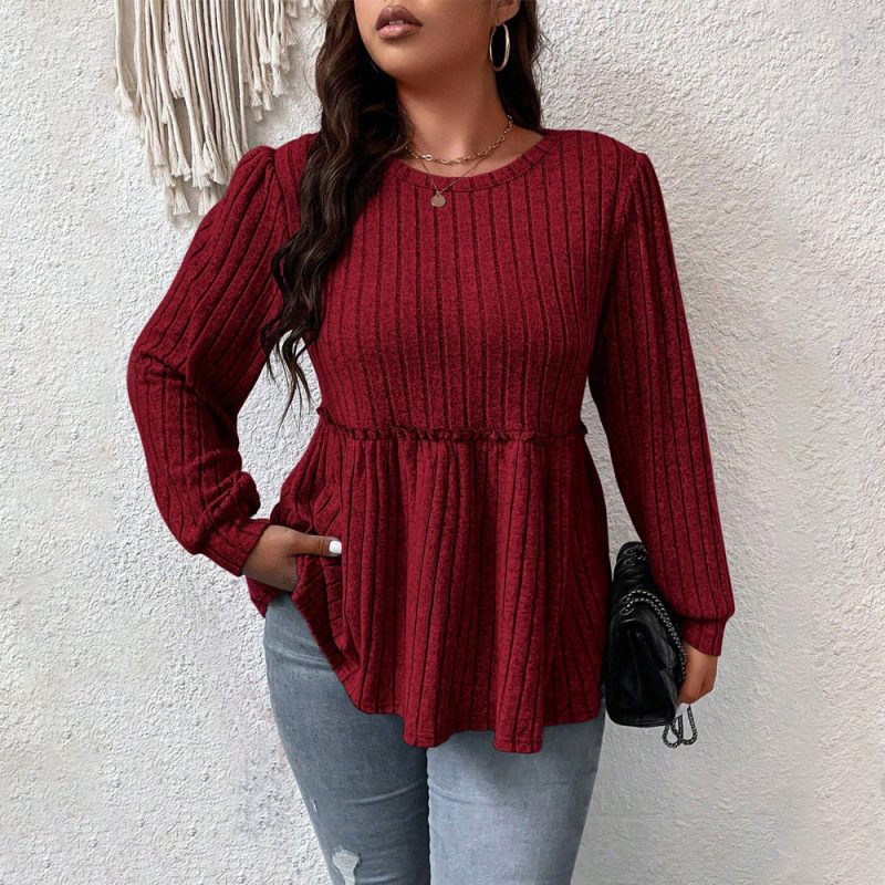 Plus Size Elegant Slimming Wine Red Top - Fall/Winter