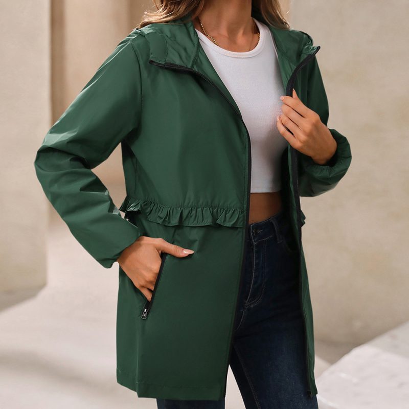 Elegant Hooded Rainproof Trench Coat with Pockets for Women