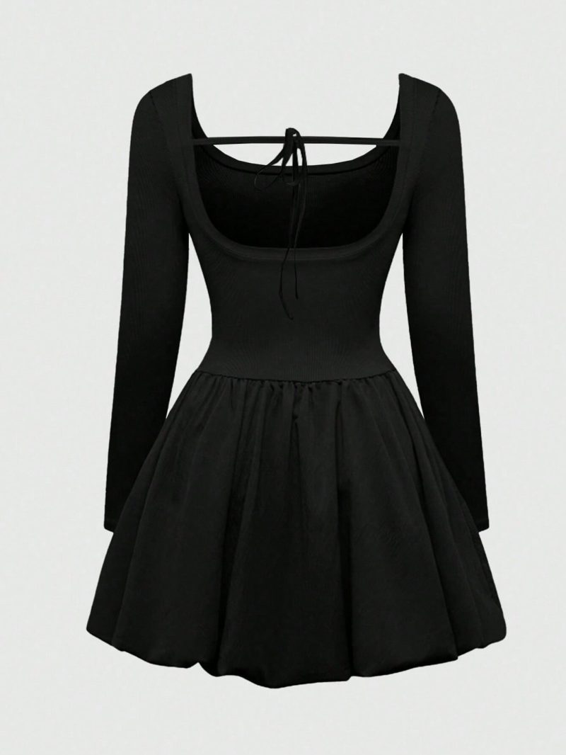 Plus Size U-Neck High Waist Lace-Up A-Line Dress for Women - Image 4