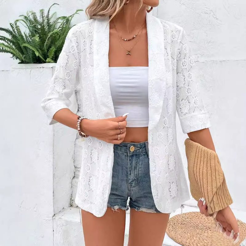 Elegant Lace Sleeve Collared Top - Solid Color Autumn Winter Women’s Wear - Image 4