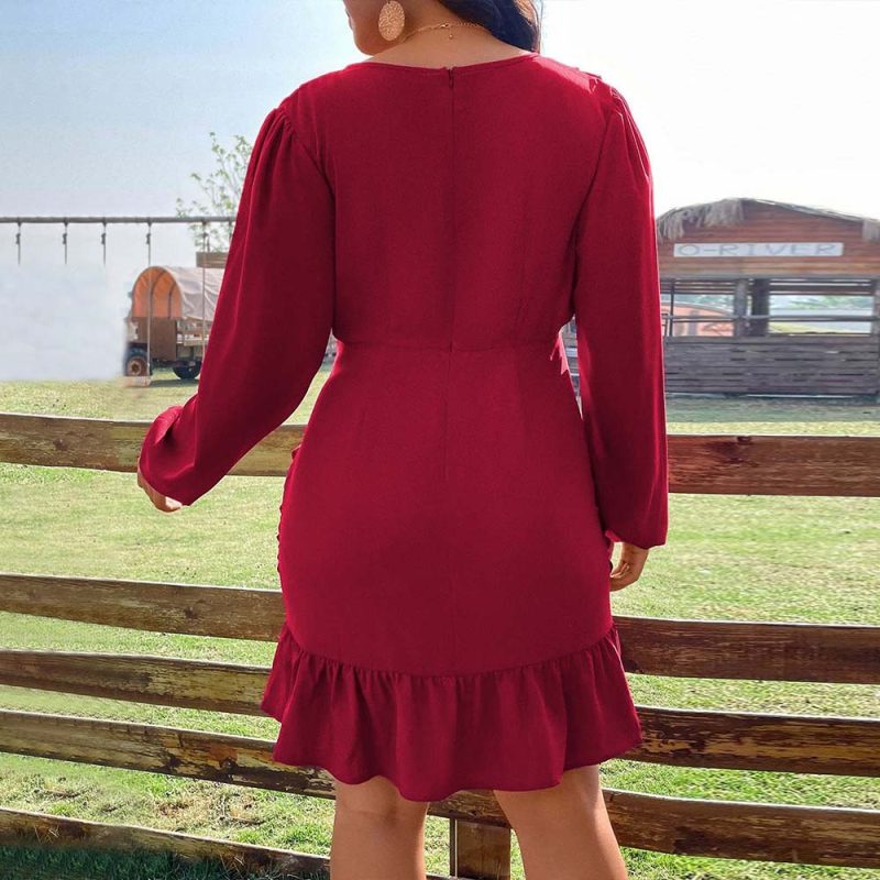 Plus Size Wine Red Pleated Elegant Dress for Autumn Winter - Image 2