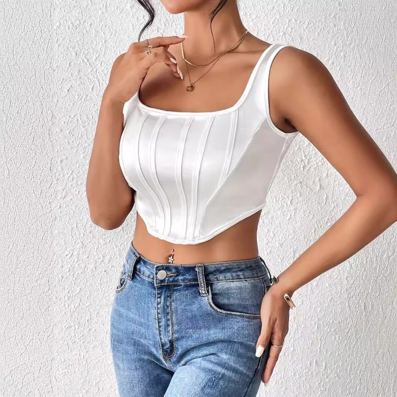 Sexy Satin Corset Vest - Imitation Boning, Show Chest Design - Image 2