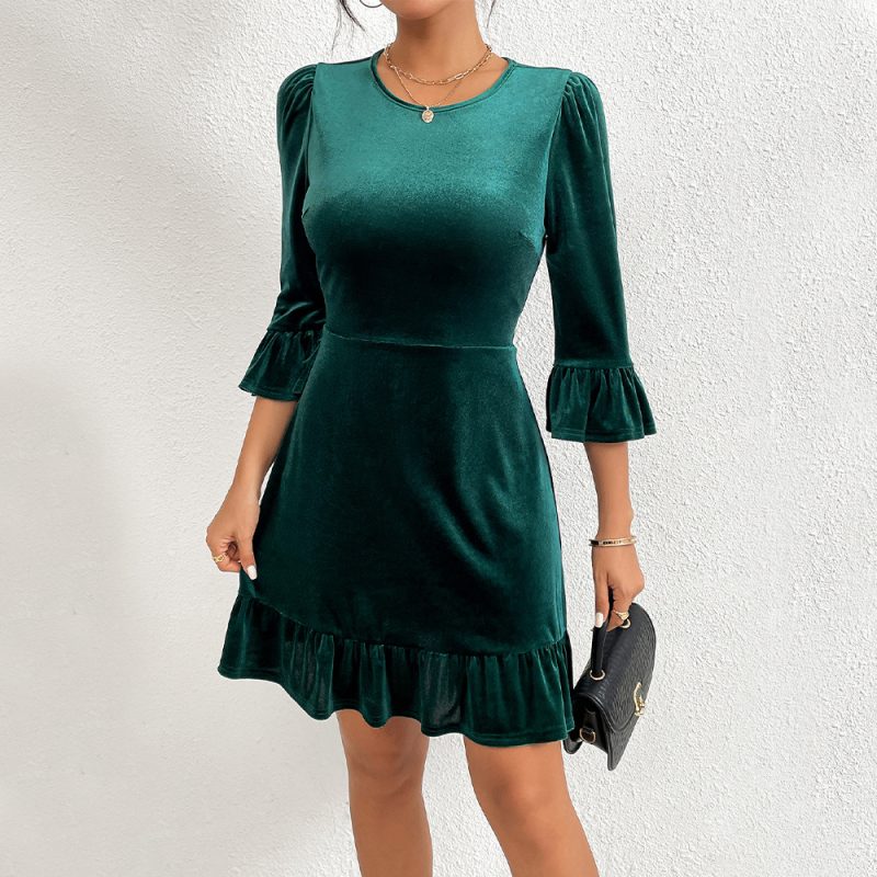 Elegant Velvet Ruffled Short Dress - Autumn/Winter - Image 4