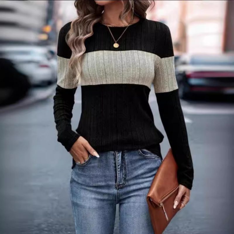 Color-Blocked Round Neck Pullover - Loose Long Sleeve T-Shirt - Image 4