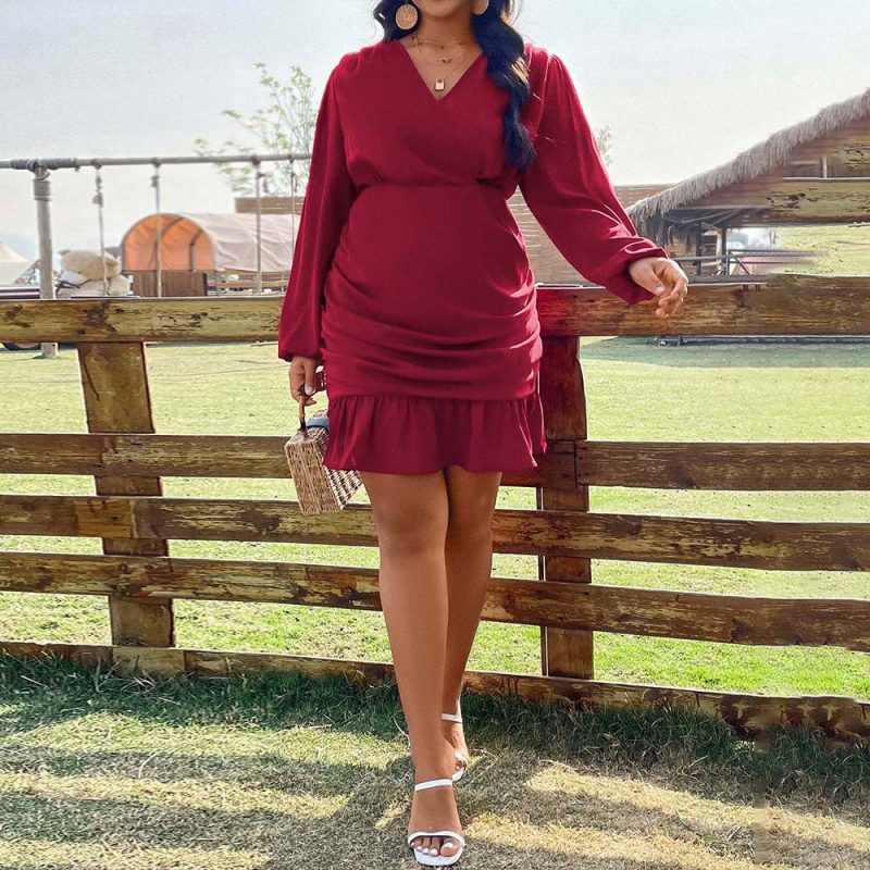 Plus Size Wine Red Pleated Elegant Dress for Autumn Winter - Image 4