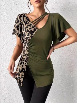 Leopard Print Asymmetric Collar Butterfly Sleeve Patchwork Top