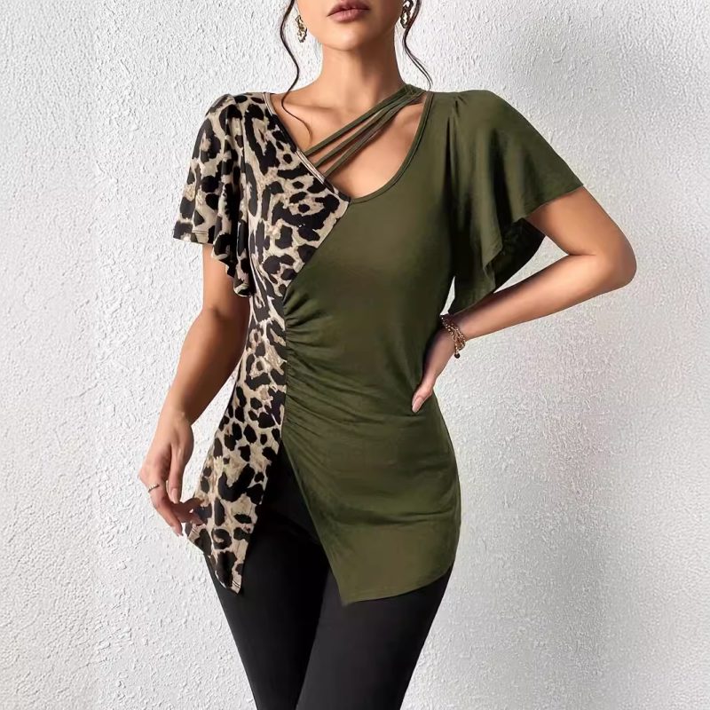 Leopard Print Asymmetric Collar Butterfly Sleeve Patchwork Top