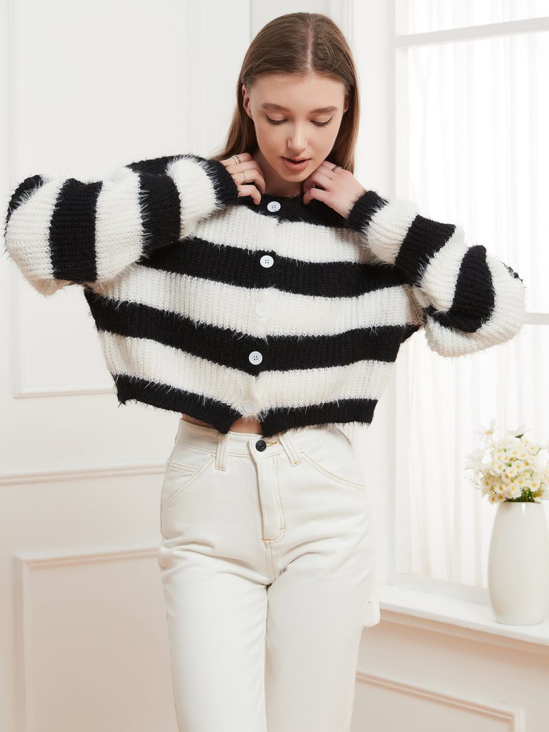 Knitted Round Neck Striped Buckle Cardigan Sweater for Women - Image 3
