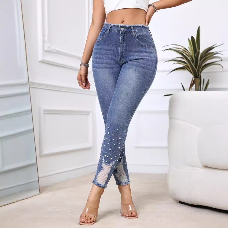 Pearl-Embellished Ripped Denim Trousers with Tassels - Image 4