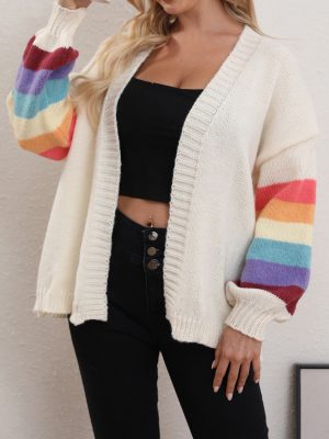 Solid Color Rainbow Stitching Cardigan – Autumn/Winter