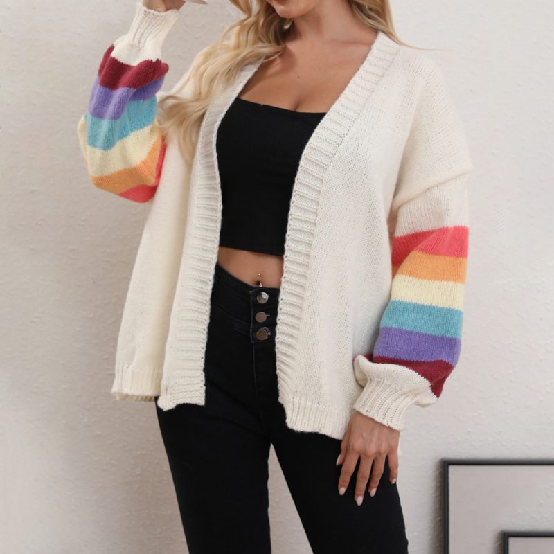 Solid Color Rainbow Stitching Cardigan - Autumn/Winter
