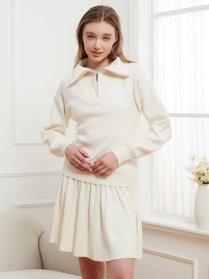 Solid Color Zipper Pullover & Pleated Skirt Set - College Style - Image 5