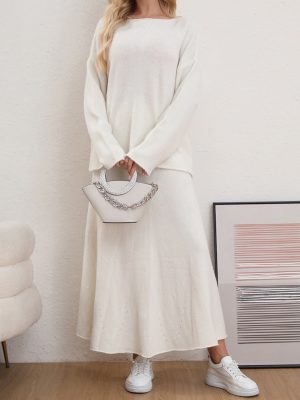 Solid Color Round Neck Sweater & Long Skirt Set – Casual Two-Piece