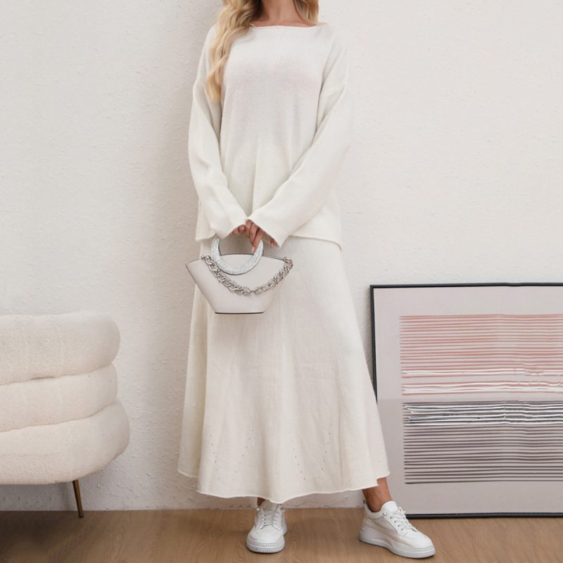 Solid Color Round Neck Sweater & Long Skirt Set - Casual Two-Piece