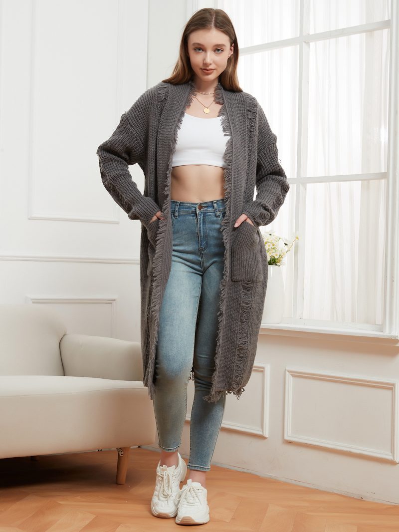 Women’s Knitted Solid Color Frayed Cardigan Sweater Coat - Image 3