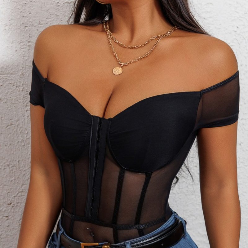 Black Mesh See-Through Off-Shoulder Jumpsuit - Sexy Design - Image 3