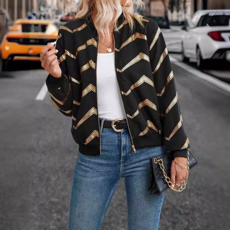 Zigzag Printed Bomber Jacket - Autumn Winter Zip Placket Coat for Women - Image 4
