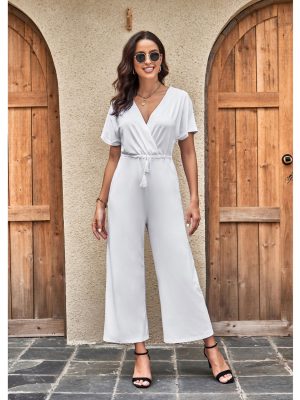 Wide Leg Casual Loose Lace-Up Waist Solid Color Pocket Jumpsuit