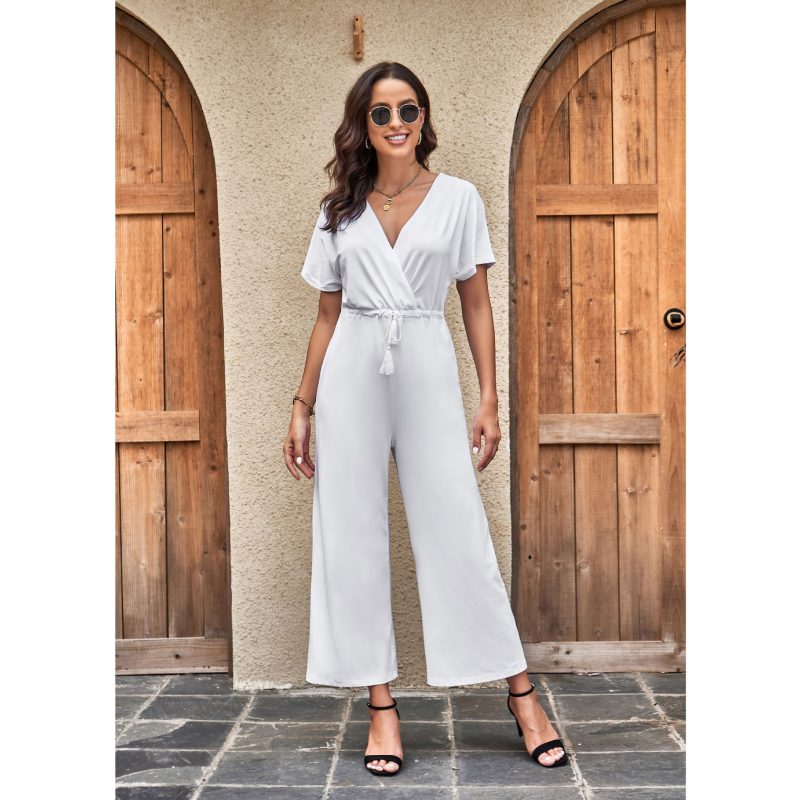 Wide Leg Casual Loose Lace-Up Waist Solid Color Pocket Jumpsuit