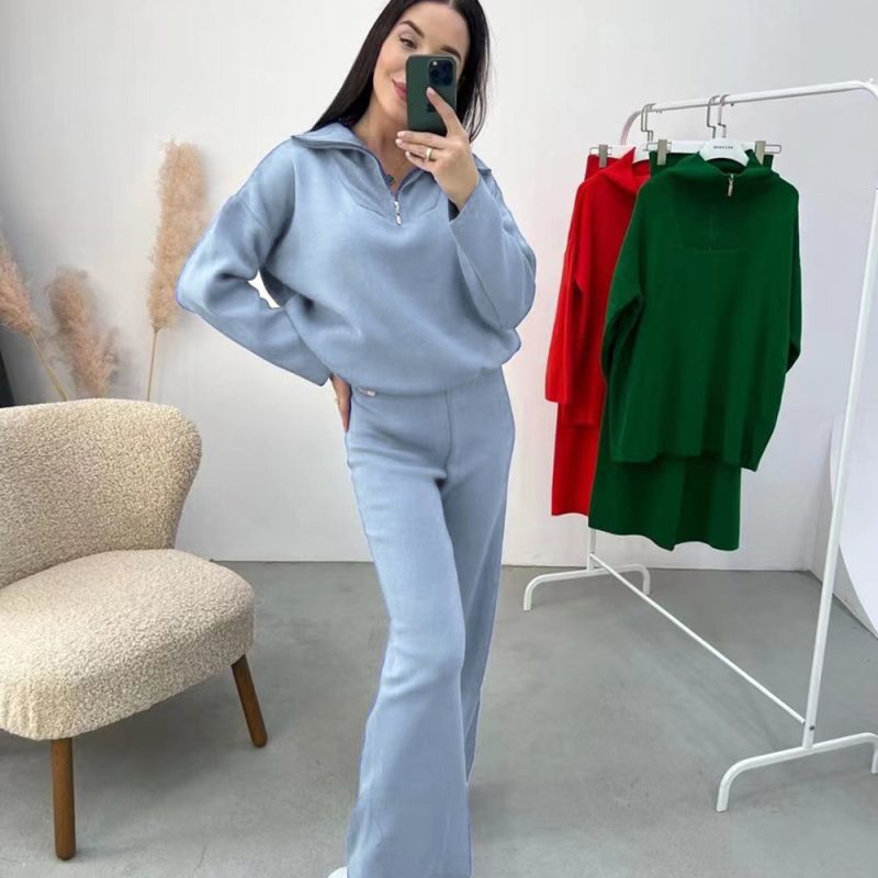 Two-Piece Solid Color Zipper Collared Sweater and Trousers Suit - Image 3
