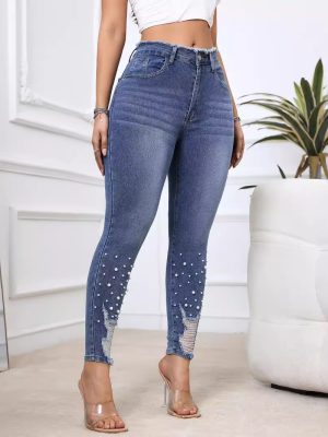 Pearl-Embellished Ripped Denim Trousers with Tassels