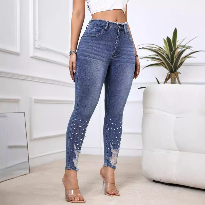Pearl-Embellished Ripped Denim Trousers with Tassels