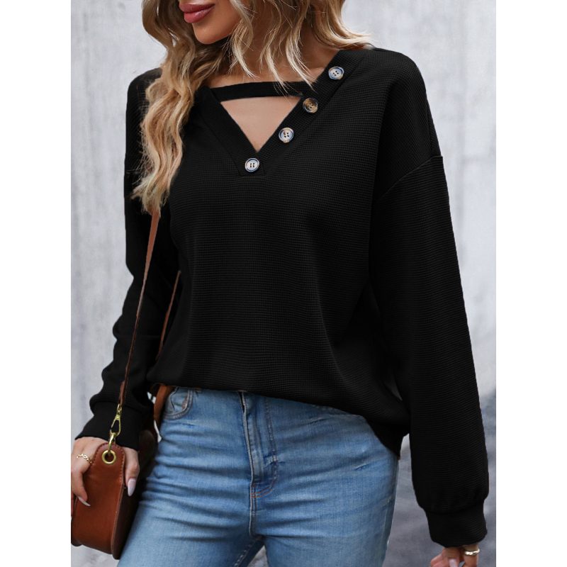 Autumn V-Neck Hollow Out Knitted Top - Long Sleeve - Image 4