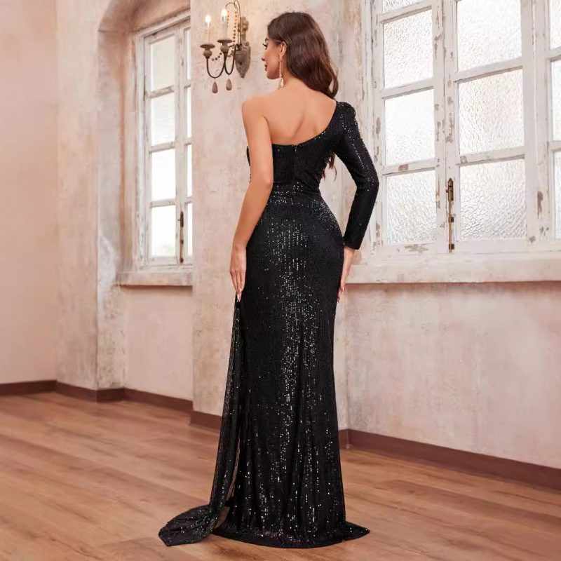 Stunning One-Shoulder Sequined Rhinestone Evening Dress with Hollow Out Cutouts - Image 2