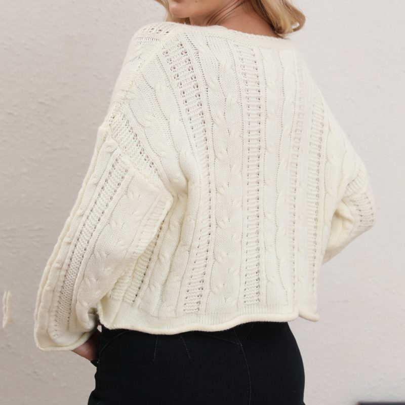 V-Neck Solid Color Twist Knitted Pullover - Fall/Winter - Image 2