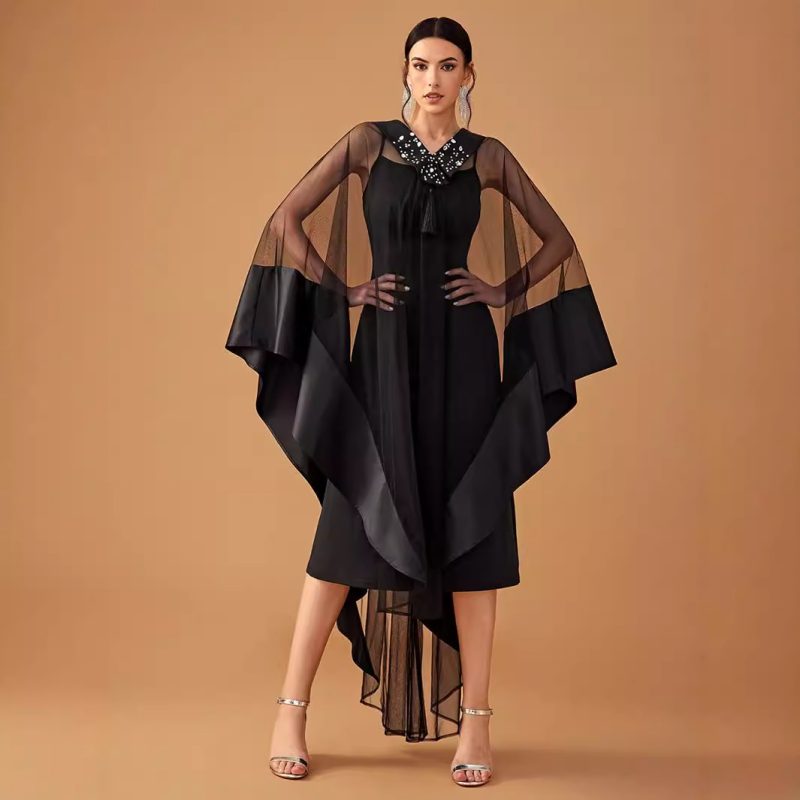 Mid East Wind Rhinestone V-Neck Long Sleeve Two-Piece Cape Cocktail Evening Dress for Ladies - Image 2
