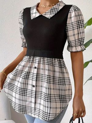 Faux Two-Piece Puff Sleeve Plaid Asymmetric Patchwork Top for Women