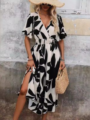 Cross Collar Belted Floral Print Dress – Elegant Summer Slit Dress