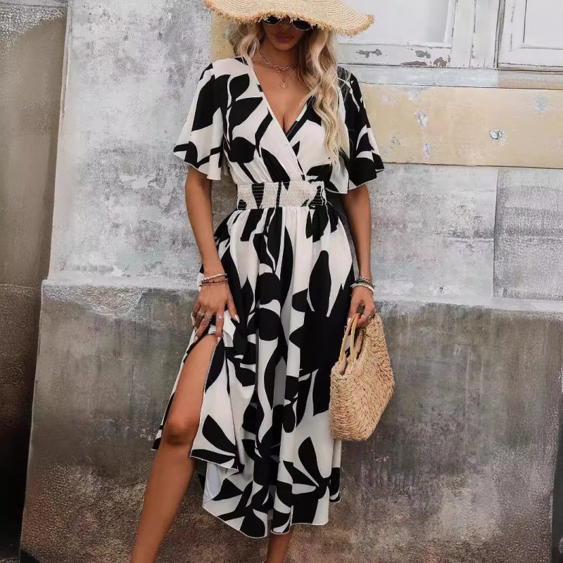 Cross Collar Belted Floral Print Dress - Elegant Summer Slit Dress