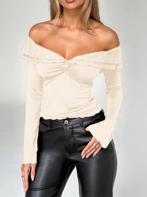 Women’s Autumn Winter Off-Shoulder Solid Color Long Sleeve Knitted Top