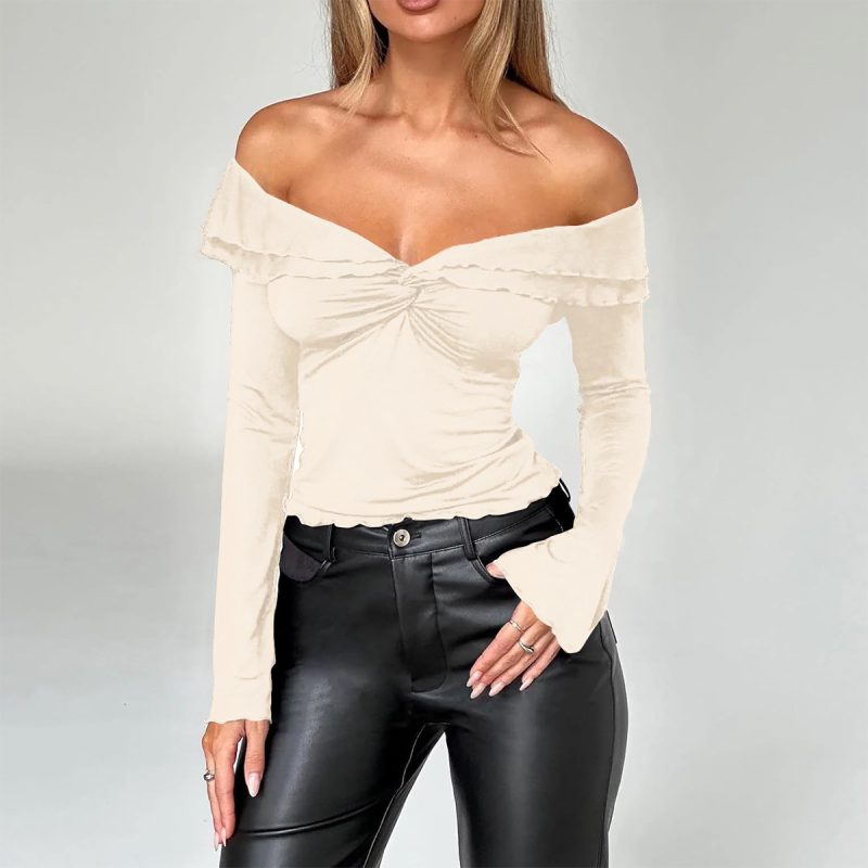 Women’s Autumn Winter Off-Shoulder Solid Color Long Sleeve Knitted Top