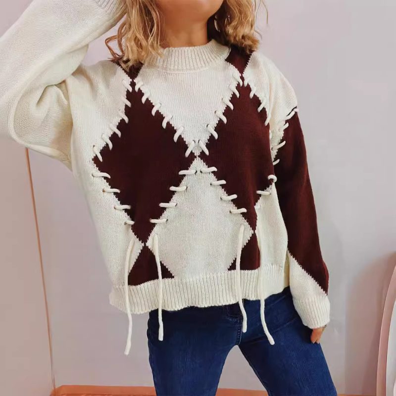 Spring Color Block Knitted Sweater - Diamond Lattice & Rope Strap - Image 2