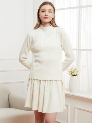 Solid Color Stand Collar Sweater & Pleated Skirt Set – College Style