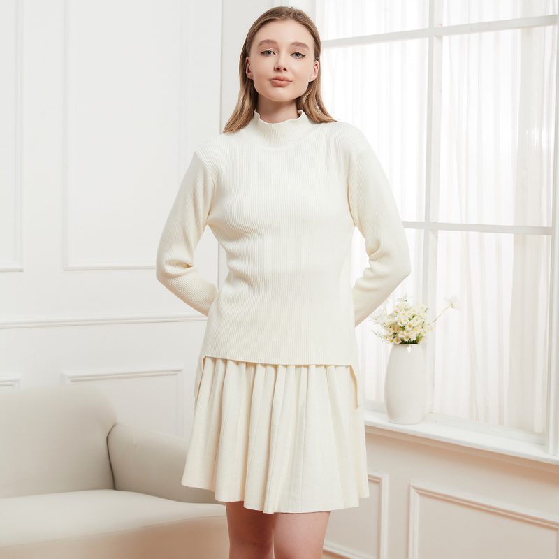 Solid Color Stand Collar Sweater & Pleated Skirt Set - College Style