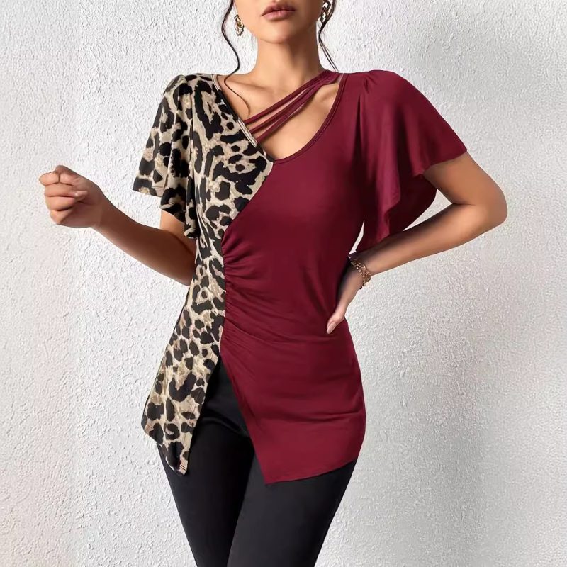 Leopard Print Asymmetric Collar Butterfly Sleeve Patchwork Top - Image 3