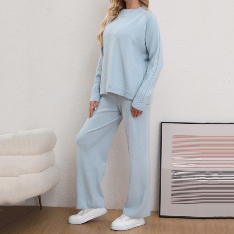 Solid Color Sweater & Knitted Trousers Set - Casual Two-Piece - Image 3