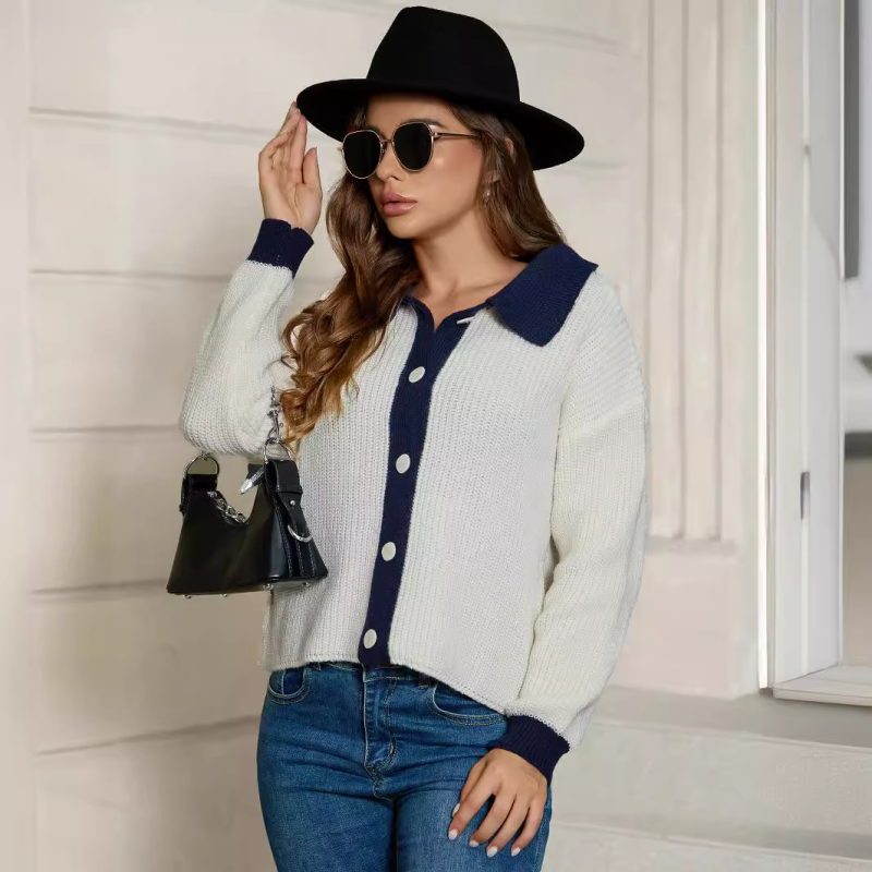 Polo Collar Knitted Cardigan - Long Sleeve Solid Color Top - Image 2