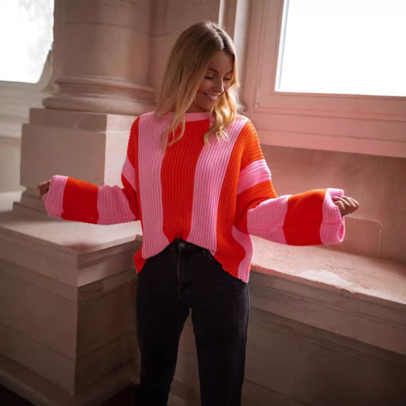 Loose Fit Vertical Stripes Sweater - Contrast Color Round Neck