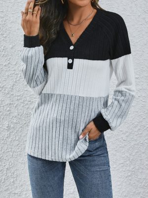 Spring Long Sleeve V-Collar Contrast Button Top