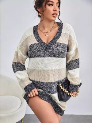 Custom Woolen Striped Knit Dress – One Piece Sweater Dress