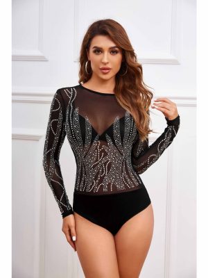 Women’s Long Sleeve Round Neck Rhinestone Mesh Jumpsuit