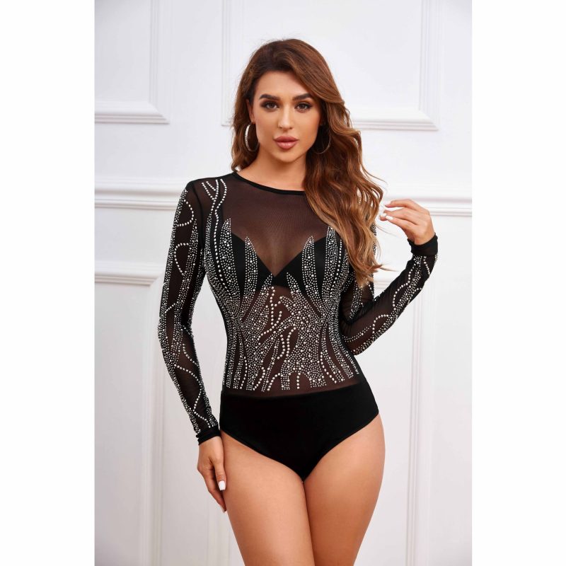 Women’s Long Sleeve Round Neck Rhinestone Mesh Jumpsuit