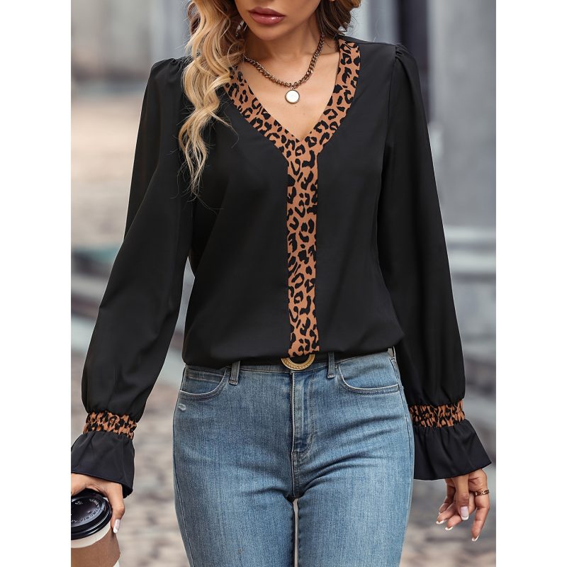 Western Leopard Print V-Neck Long Sleeve Top for Women - Image 2