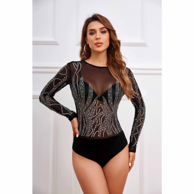 Women’s Long Sleeve Round Neck Rhinestone Mesh Jumpsuit - Image 2