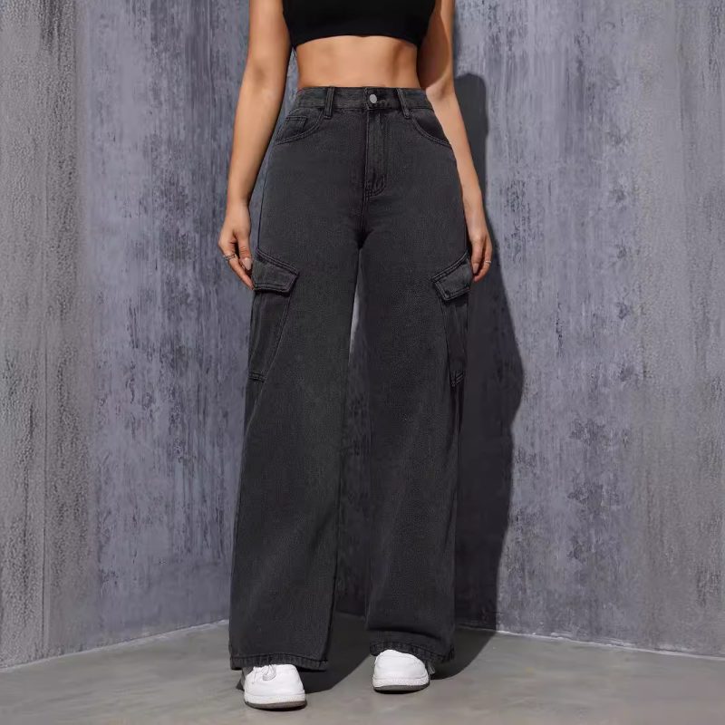 Trendy Washed Gray Black Straight Jeans for Women